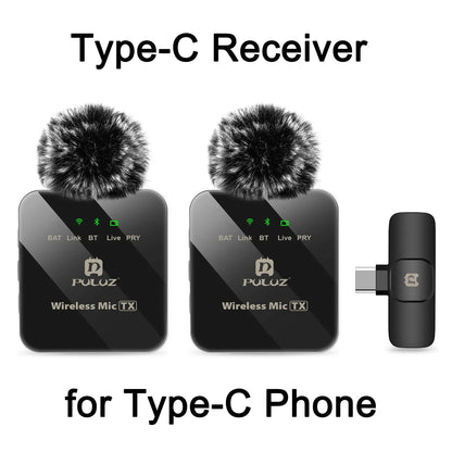 PULUZ Wireless Lavalier Microphone – Dual Mics with 8-Pin & Type-C Receiver for iPhone, iPad, & Android