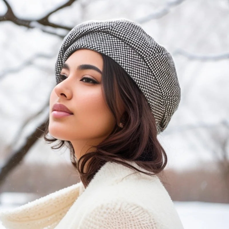 Women's Wool Beret Hat - Elegant Vintage Plaid Octagonal Style for Winter and Autumn Casual Wear