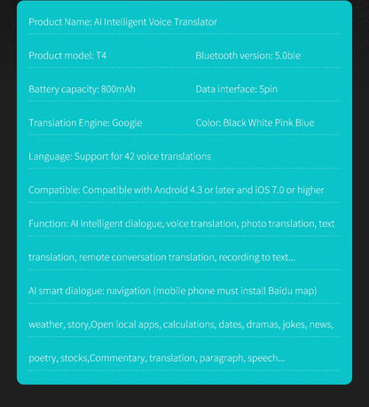2024 T4 Portable Wireless Smart Translator - Two-Way Instant Voice Translation in 40 Languages, Bluetooth Multi-Language App
