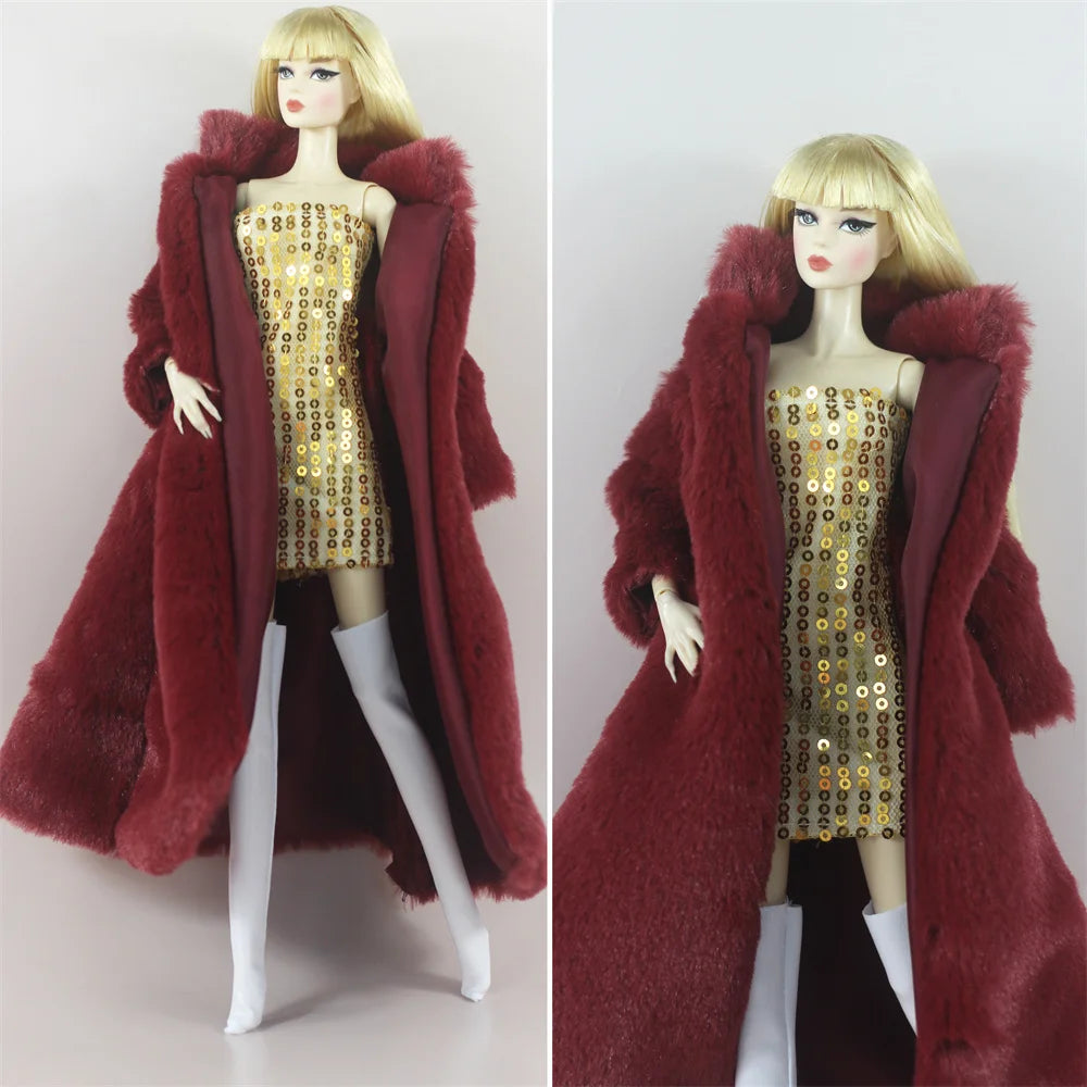 1:6 Scale Doll Clothes – Fur Coat Dress Outfit for 11.5" (30cm) Dolls, Multiple Styles, Gift for Girls