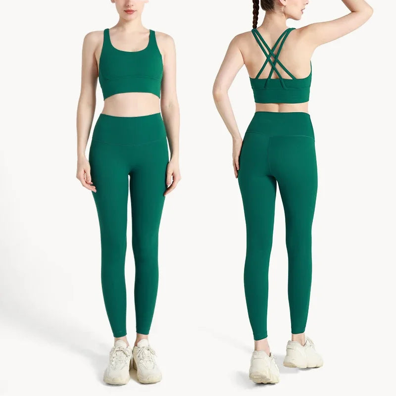 Summer 2 Piece Women's Yoga Tracksuit - Cross-Back Nylon Top and Leggings Athletic Set for Pilates and Fitness