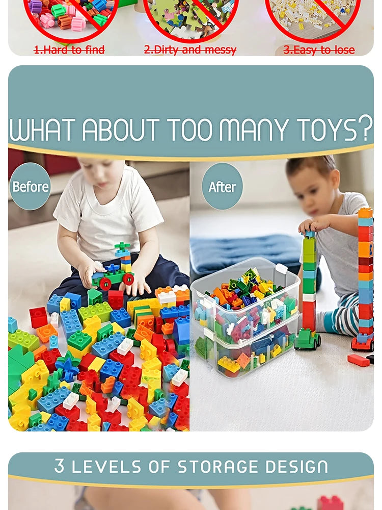 Stackable Building Blocks Toy Storage Box for Kids – Brick-Shaped Plastic Container with Lid – Toy Organizer & Sundries Bin