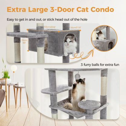 Large Cat Tree Tower – Multi-Level Plush Indoor Cat Condo with Scratching Posts, Boards, Perches & Caves