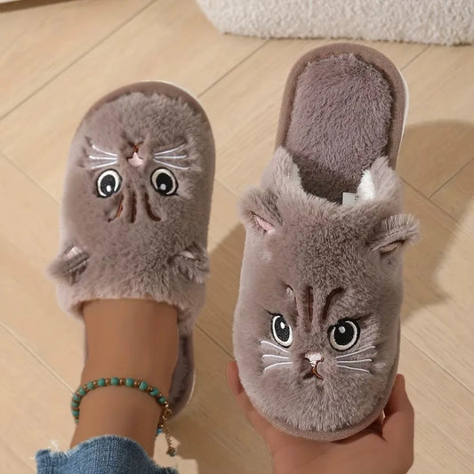 Women’s Plush Cat Slippers - Winter Warm Cozy Indoor House Shoes with Soft Non-Slip EVA Sole