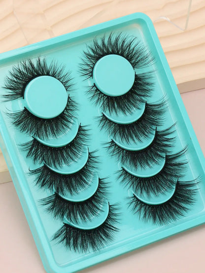 5 Pairs Cat Eye Faux Mink Eyelashes – Winged Long Natural Manga Style False Lashes Makeup Set
