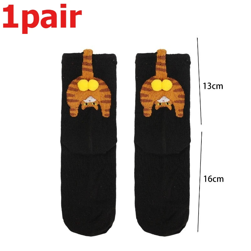 Funny 3D Cat Socks - 4-Piece Set of Quirky Cotton Cartoon Crew Socks for Gifts