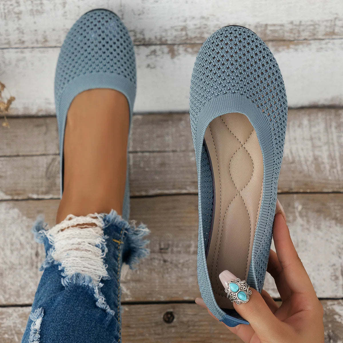 Women’s Round Toe Flat Shoes – Solid Color Knitted Slip-On Ballet Flats, Casual & Breathable Loafers