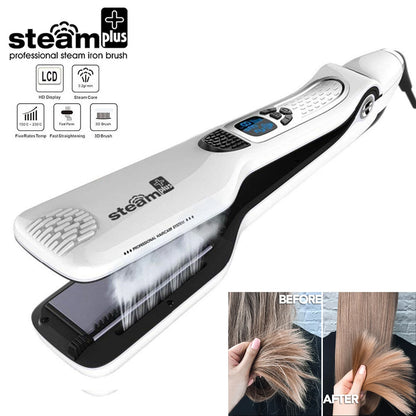 Professional Hair Straightener – Dual Voltage Titanium Curling Iron, Steam Flat Iron & Hot Hair Comb with Wide Plates