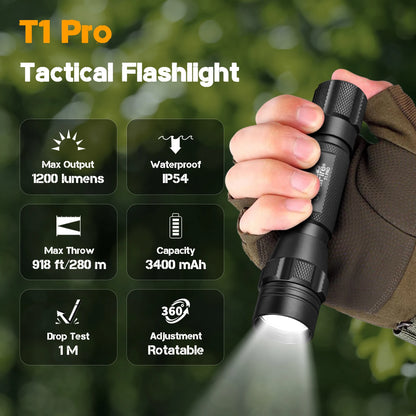 UltraFire T1 Pro Tactical Flashlight – 1200LM Powerful Rechargeable Police Flashlight with Holster for Outdoor Use