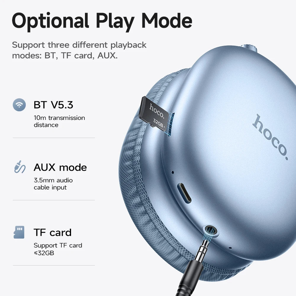 HOCO W35 Max Wireless HiFi Headphones - 42mm Coil Speaker, Bluetooth 5.3, Candy Color, Sports Earphones with AUX/TF Card Mode