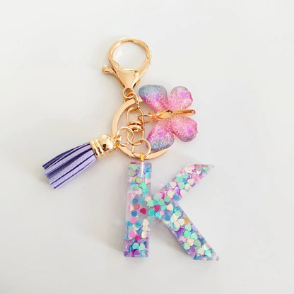 Butterfly Fringe Initial Keychain - Sequin A-Z Letter Bag Charm for Women, Students & Gifts