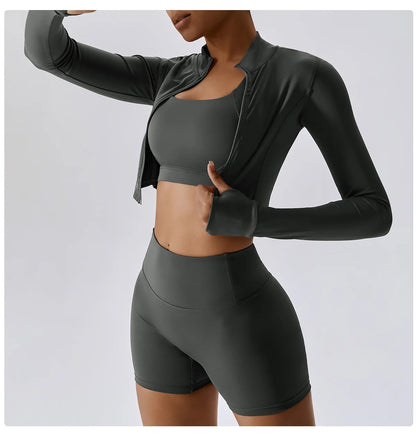3PCS Women’s Yoga & Workout Set – Long Sleeve Zipper Top with High Waist Leggings Fitness Sportswear
