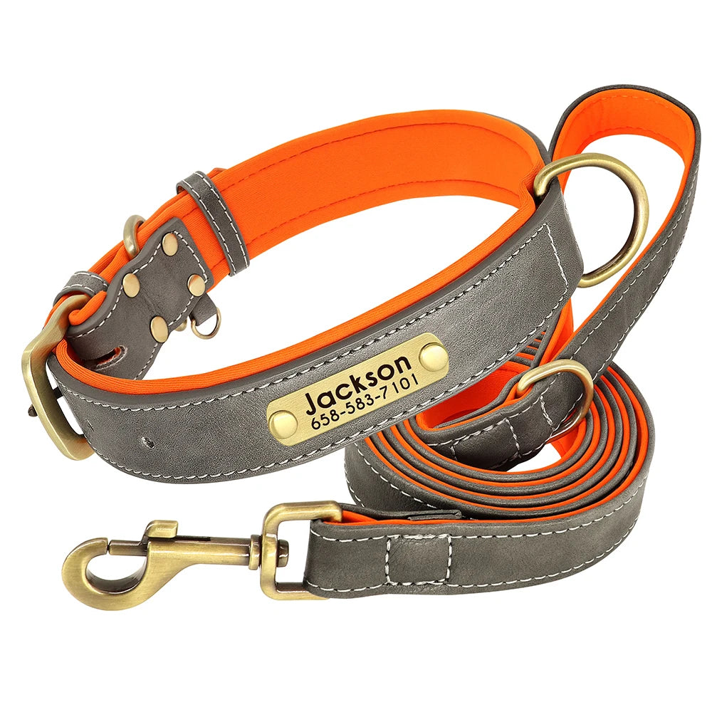Customized Leather Dog Collar & Leash Set – Soft Padded Adjustable Collar for Small, Medium & Large Dogs with Engraved Nameplate