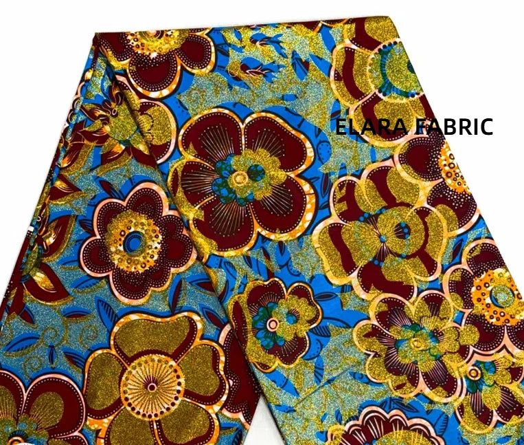African Golden Glitter Wax Fabric - Soft Cotton Ankara Batik Print Material for Uniforms