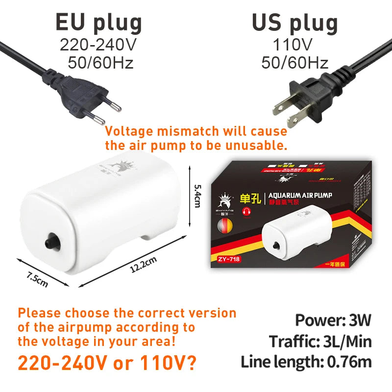 Ultra Silent 3W Aquarium Air Pump - 220V-240V Mini Fish Tank Oxygen Compressor (110V Option)