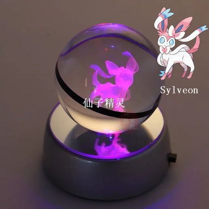 Anime Pokemon 3D Crystal Ball – Snorlax & Charizard Engraved Pokeball Figure with LED Light Base, Kids Gift