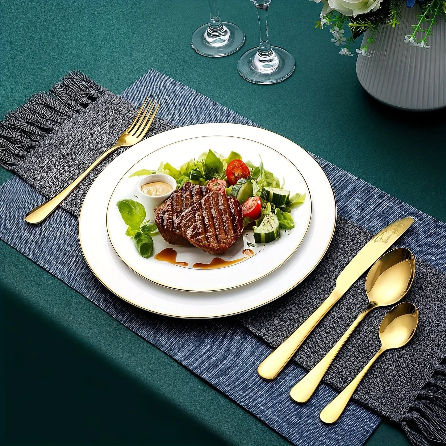 24-Piece Stainless Steel Black Flatware Set — Elegant Knife, Fork & Spoon Cutlery with Mirror Polish, Gold Accents, Dishwasher Safe