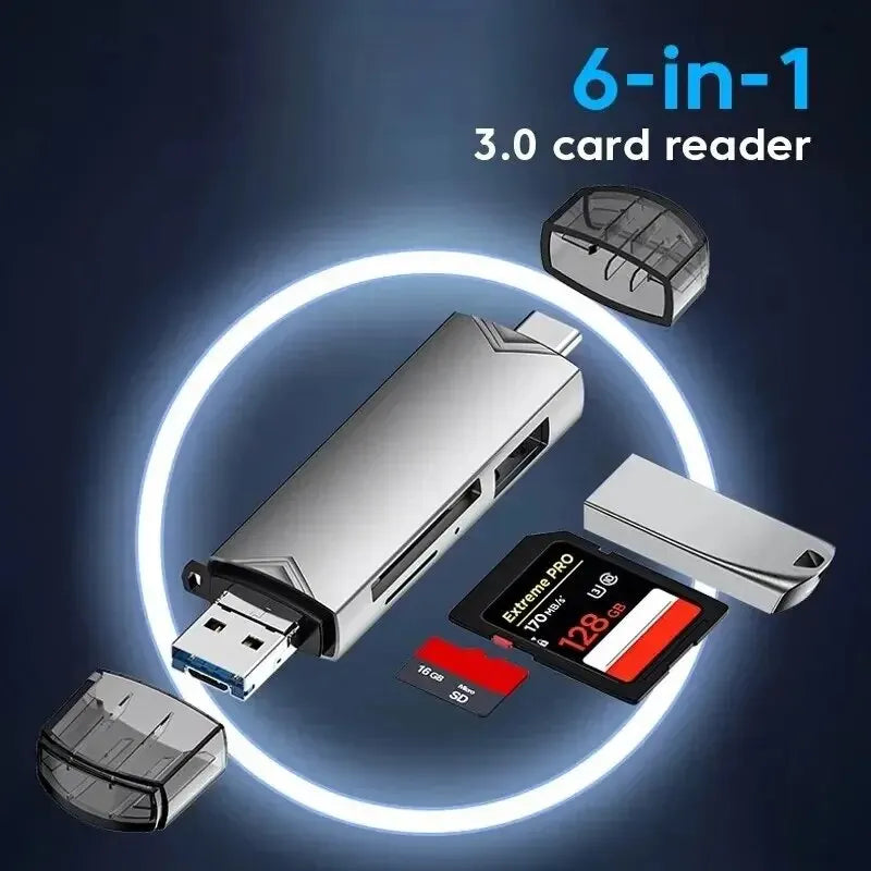 JASTER 6 in 1 Multifunction USB 3.0 Card Reader - Flash Drive Memory Card Adapter for Phones, Laptops, and Computers, Supports TYPE-C/USB/TF/SD
