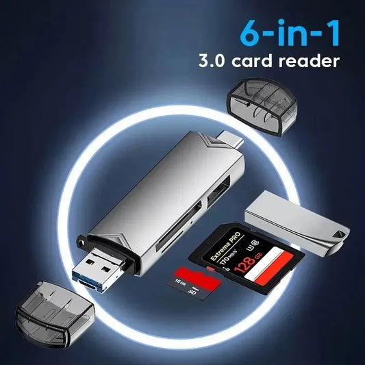 JASTER 6 in 1 Multifunction USB 3.0 Card Reader - Flash Drive Memory Card Adapter for Phones, Laptops, and Computers, Supports TYPE-C/USB/TF/SD