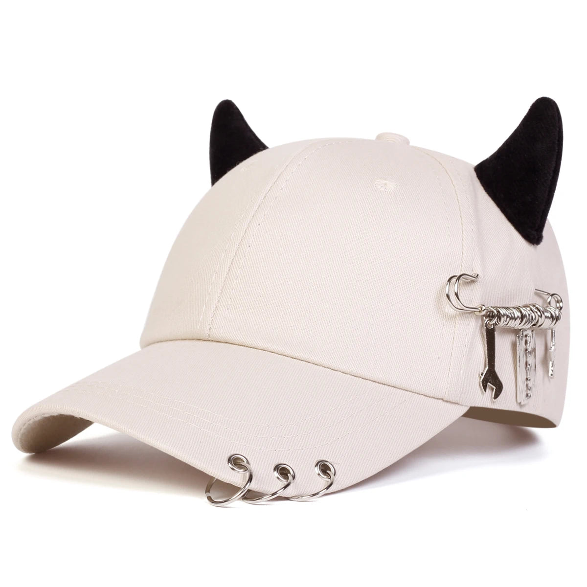 Unisex Cow Horn Baseball Cap - Personality Iron Ring Design, Adjustable Casual Outdoor Sun Hat for Spring & Autumn