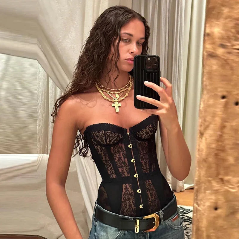 Spicy Girl Women’s Sexy Corset Top – Lace Hollow Sleeveless Strapless Vest, Tight Fit Summer 2025 Street Fashion