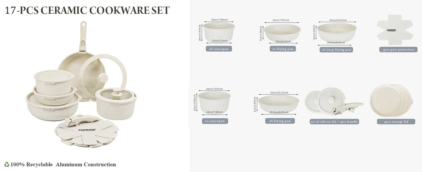 DONNOR Safe Nonstick Kitchen Cookware Set - Oven Safe Pots and Pans with Removable Handles