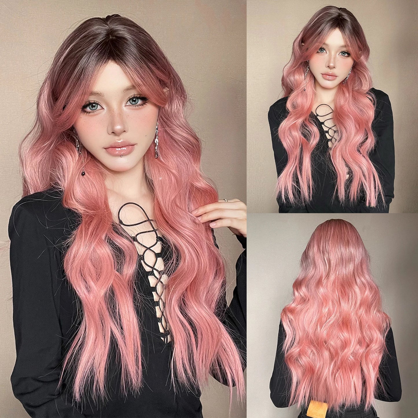Light Green Long Wavy Synthetic Wig with Bangs – Blackish Green Cosplay & Lolita Style, Heat-Resistant for Women