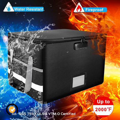 Fireproof Waterproof File Organizer – Large Capacity Black Foldable Storage Box with Handle & Combination Lock