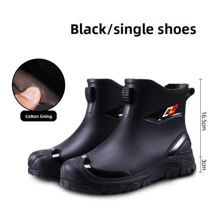 Men’s Ankle-High Fleece-Lined Rain Boots – Waterproof, Anti-Slip, Wear-Resistant Work & Fishing Shoes