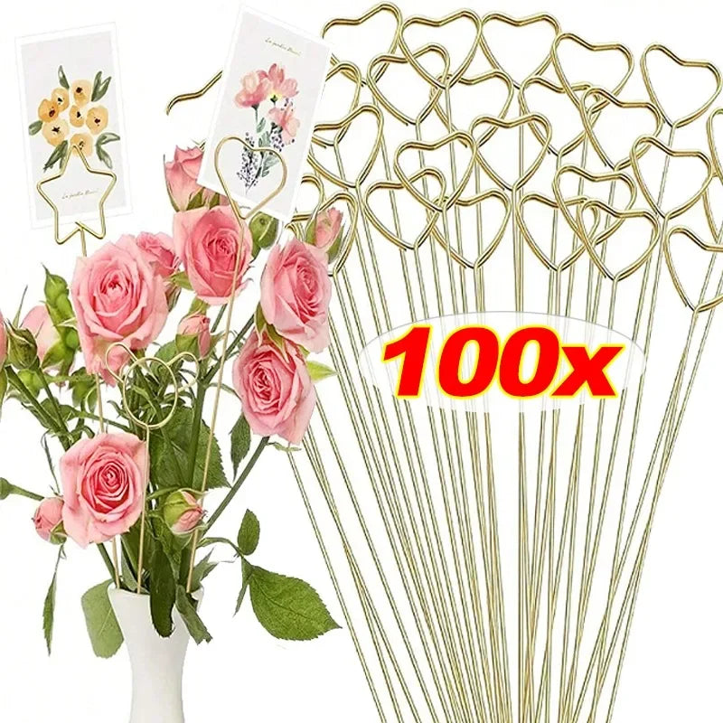 100/20x Metal Flower Card Holders – Golden Heart-Shaped Pickup Stick Clips for DIY Wedding Floral Arrangements