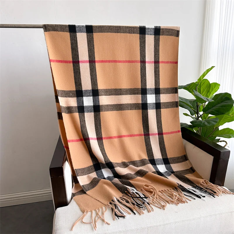 Luxury Brand Winter Plaid Cashmere-Like Blanket Scarf - Thick Warm Pashmina Shawl Wrap with Tassels, Poncho Stoles Echarpe