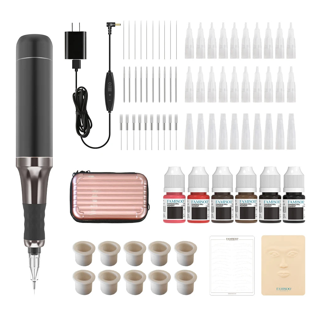 FAMISOO Professional Permanent Makeup Tattoo Machine Kit – Eyebrow, Eyeliner, Lip & Body with 6 Pigment Needles