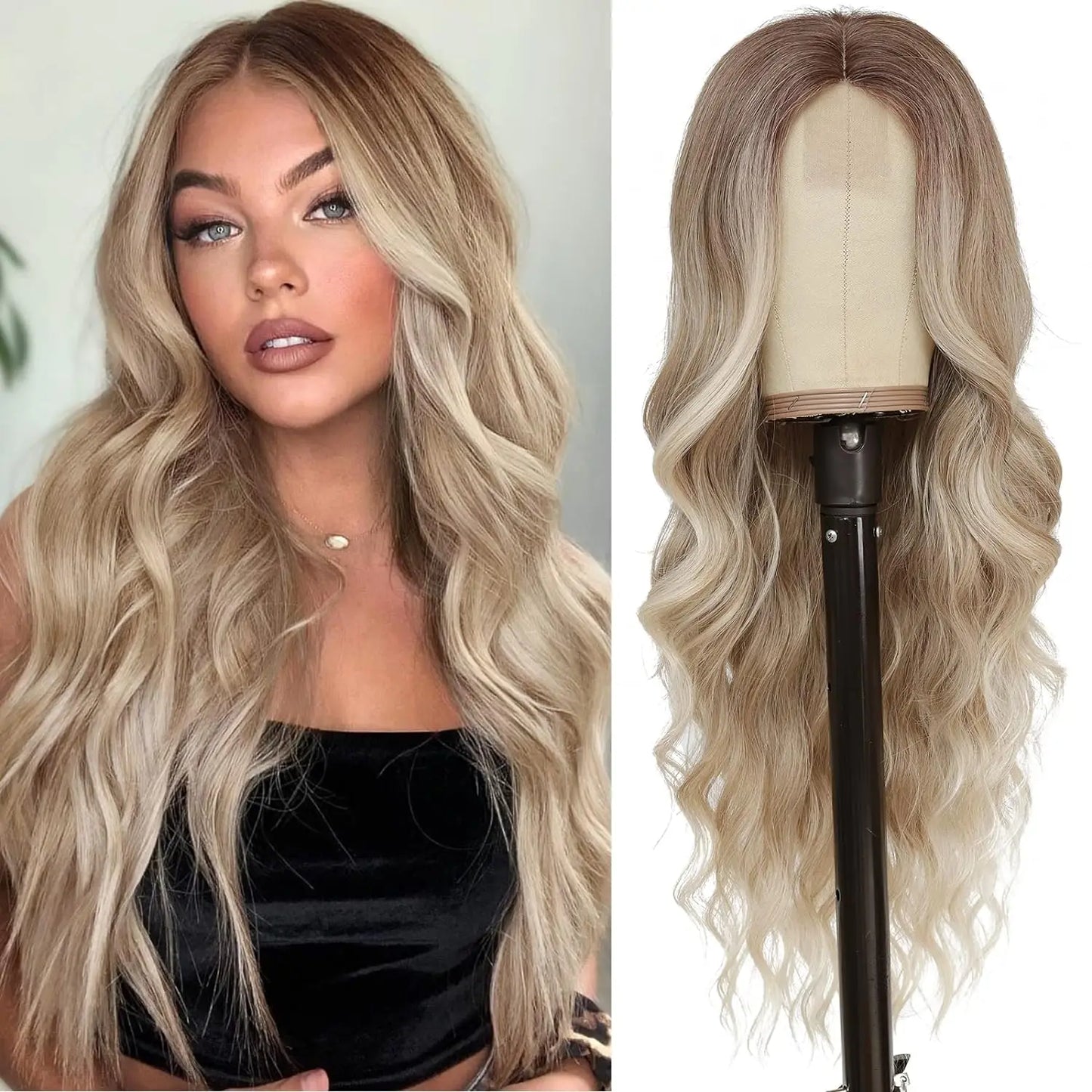 26-Inch Synthetic Ombre Blonde Wavy Wig for Women — Long Middle Part Curly, Heat-Resistant Natural-Look Hair