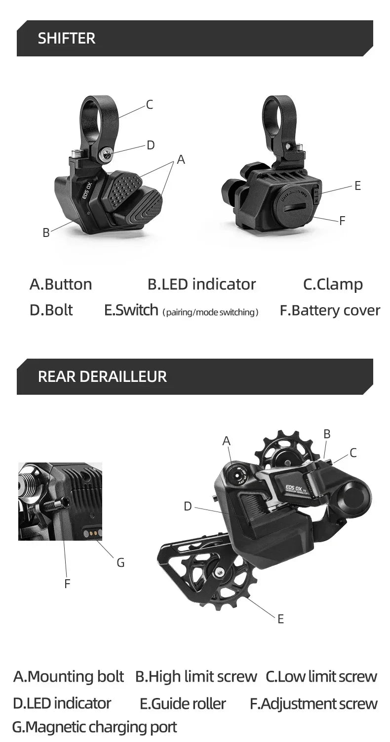 2025 WHEELTOP EDS GEX OX 2.0 MTB Wireless Electronic Groupset – 7–13 Speed Shifter & Rear Derailleur