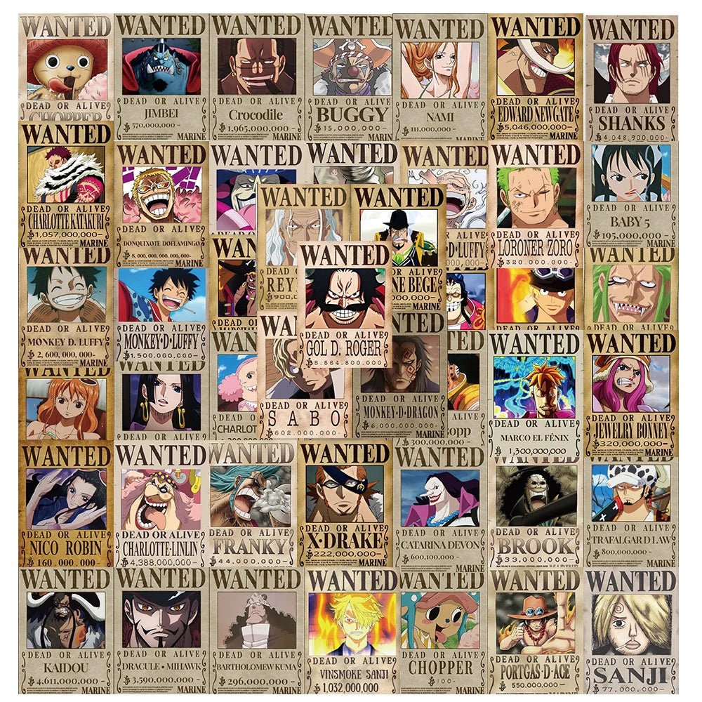 56PCS One Piece Anime Stickers – Wanted Poster Cartoon Decals for Laptop, Notebook, Phone & Wall Decoration