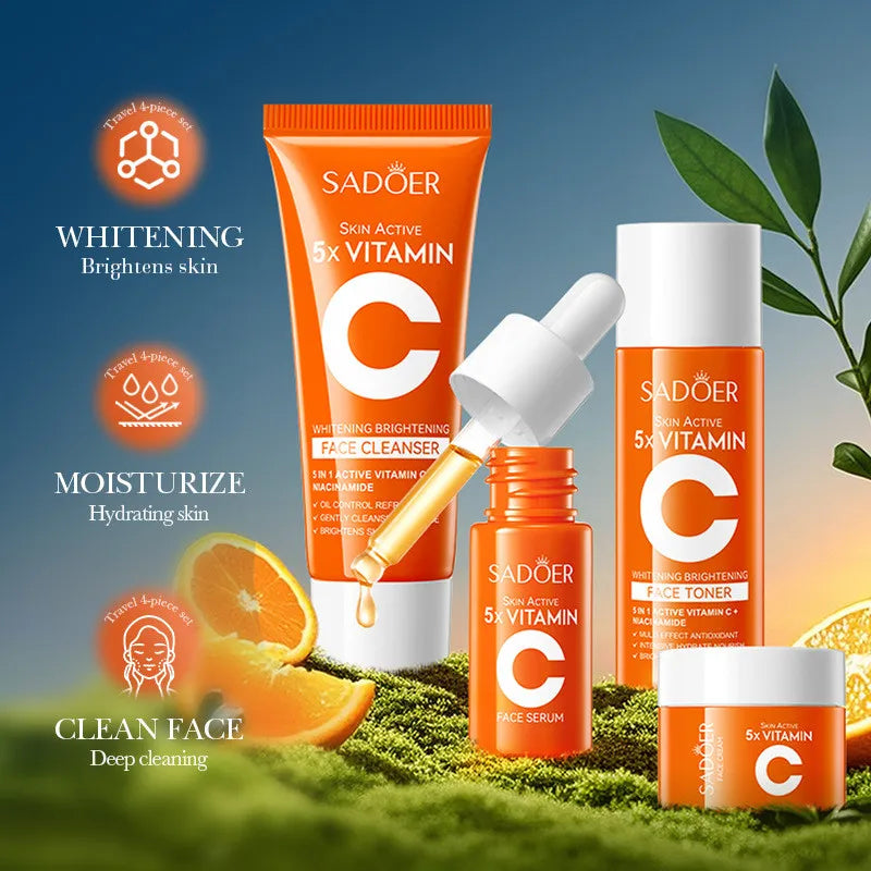 SADOER Vitamin C Skincare Kit - 4 Piece Whitening Moisturizing Travel Set with Cleanser Toner Serum & Face Cream