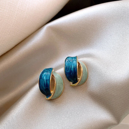 Korean Double Arc Enamel Stud Earrings – Blue Geometric Jewelry for Women