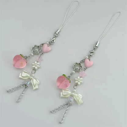 Pink Peach Phone Charm - Cute Bowknot Beaded Handmade Pendant Keychain for iPhone Camera Chain & Sweet Accessories