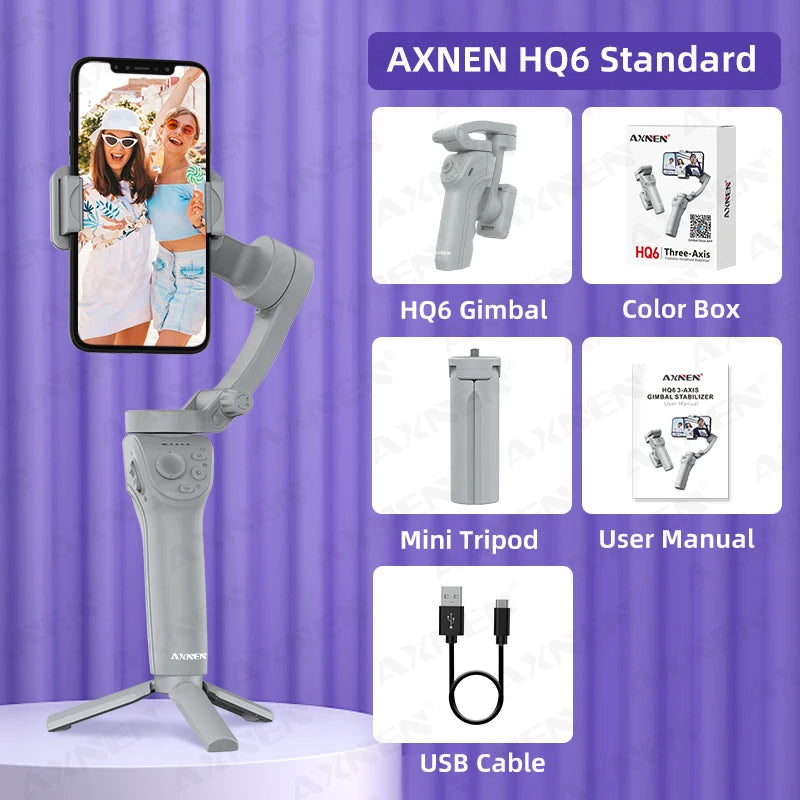 3 Axis Handheld Gimbal Stabilizer with Fill Light – Smartphone Stabilizer for iPhone & Android, Face Tracking, TikTok, Vlog – HQ6