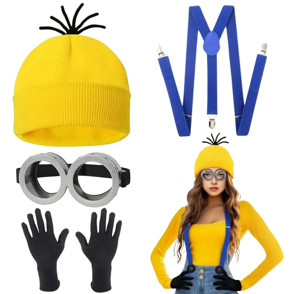 MINISO Adult Cosplay Costume – Yellow Beanie, Straps, Goggles, Skirt & Gloves, Halloween Carnival Disguise Accessories