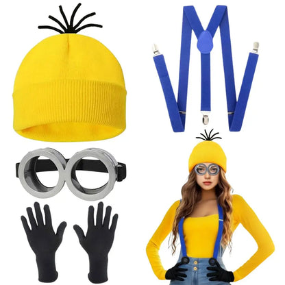MINISO Adult Cosplay Costume – Yellow Beanie, Straps, Goggles, Skirt & Gloves, Halloween Carnival Disguise Accessories