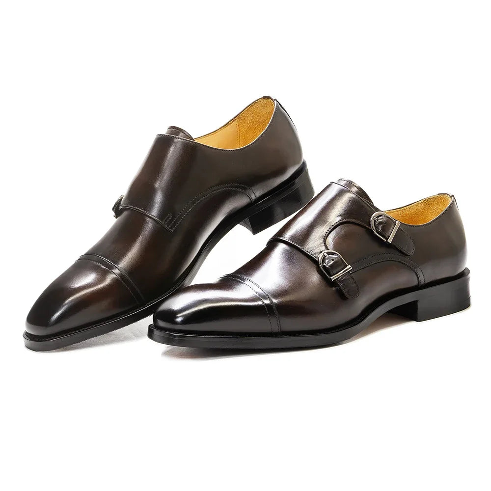 Men’s Genuine Leather Monk Strap Shoes - Double Buckle Cap Toe Formal Business Office Wedding Dress Shoes