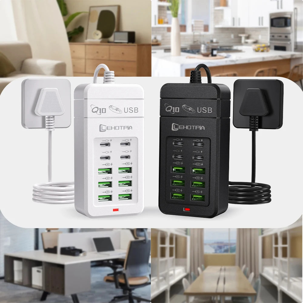 10-Port USB Fast Charger Adapter - EU UK US Plug Power Station with 6 USB-A & 4 USB-C Ports Extension Cord