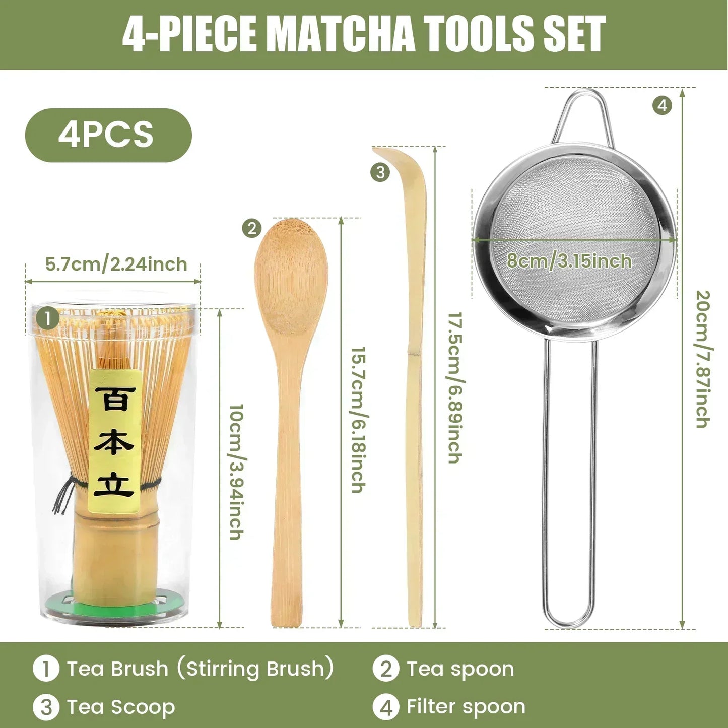 4-Piece Matcha Whisk Set - Handmade Bamboo Tea Whisk, Scoop, Strainer & Storage Holder