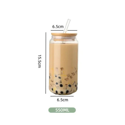 Borosilicate Glass Cup with Wooden Lid - 450ml/550ml Transparent Drink Cup with Straw for Juice & Water