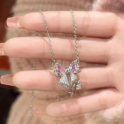Sweet Pink Bow Necklace – Fashionable Rhinestone Star Pendant Clavicle Chain, Delicate Wedding Accessories for Women