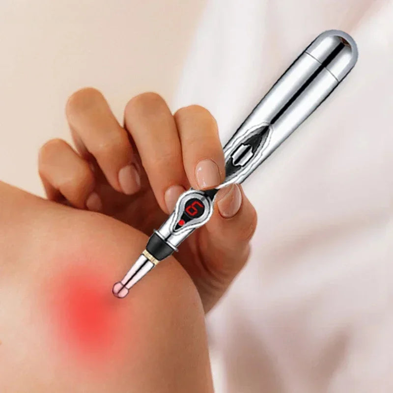 Electric Massage Pen – Adjustable Battery-Powered Muscle Relaxer for Body, Back & Hands, Silver
