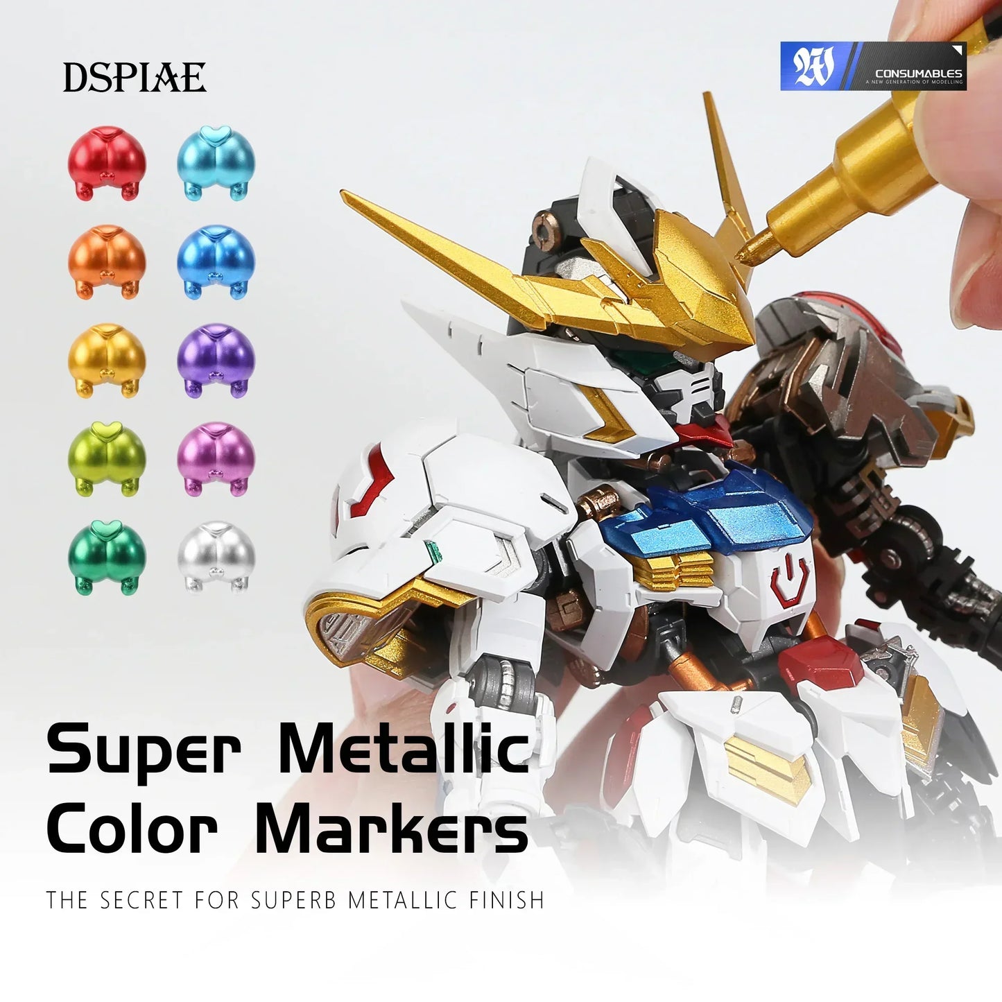 DSPIAE MKA Super Metallic Brush Pen – 12 Water-Based Colors with Soft Tip for Gundam & Mecha Model DIY Hobby