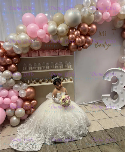 White Tulle Flower Girl Dress - Lace Applique Wedding & Party Gown