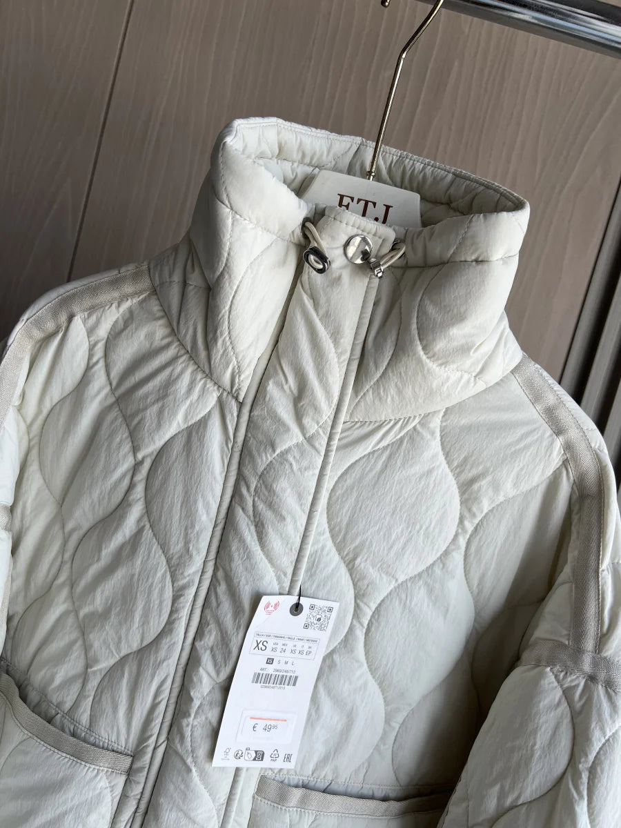 2024 ETJ Quilted Women's Coat – Beige Drawstring High Neck Jacket with Ties & Pockets